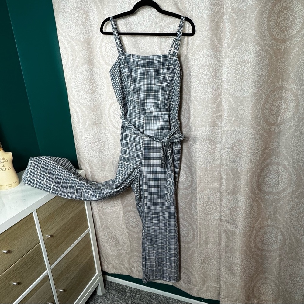 Abercrombie & Fitch Navy Yellow Checkered Plaid Sleeveless Jumpsuit w/ Tie Waist - Picture 2 of 12